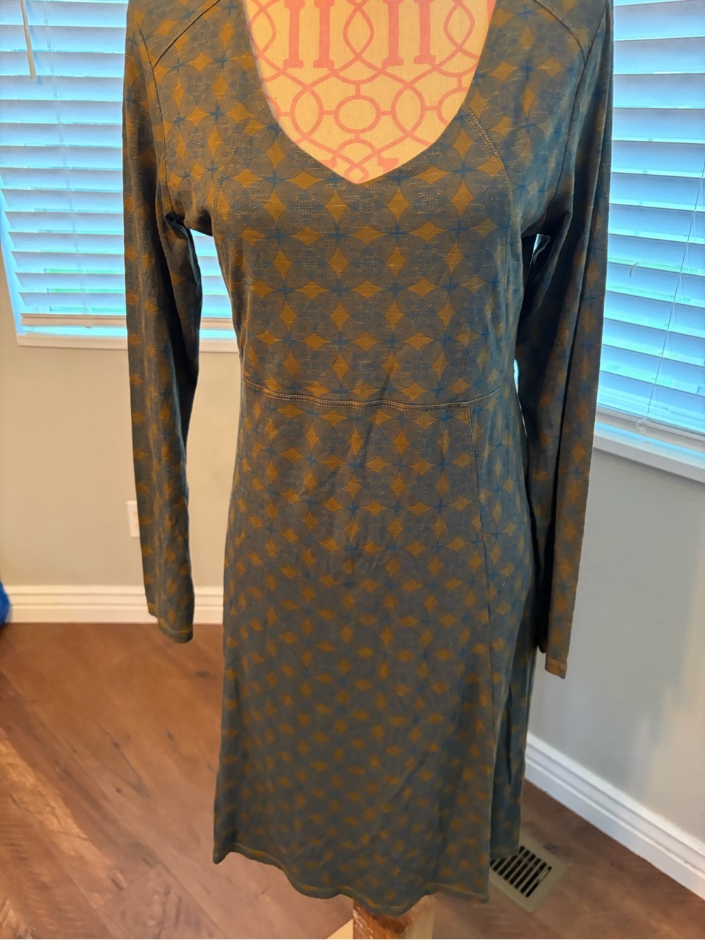 Horny Toad Long Sleeve V-Neck Dress in Olive Green and Mustard